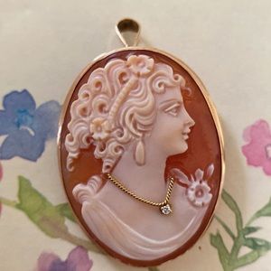 Solid 14K Gold Frame Diamond Shell Cameo Charming Ladies Profile Pendant/Brooch!